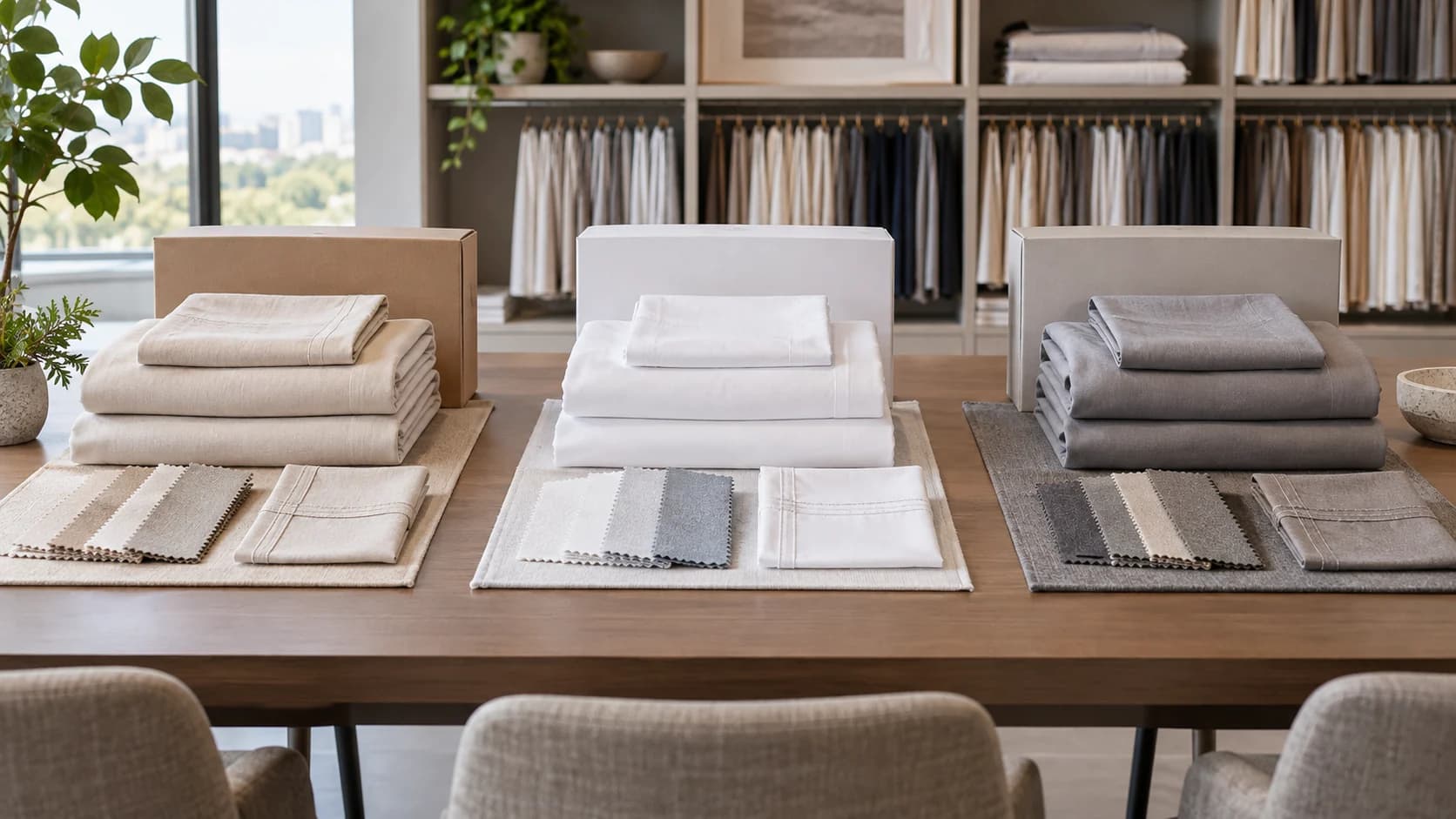 Three unbranded bedding sample stations with neutral linens, swatches and plain packaging arranged side by side.