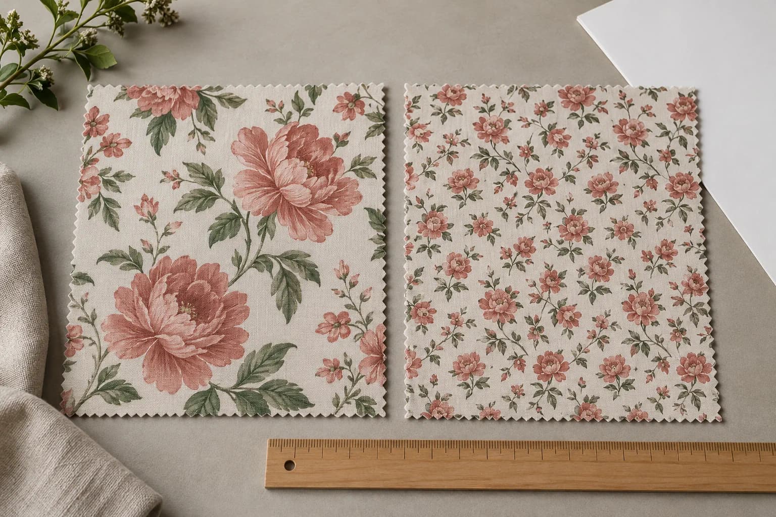 Two unbranded cotton pattern swatches with different repeat scales aligned beside a ruler and blank paper for an artwork review.