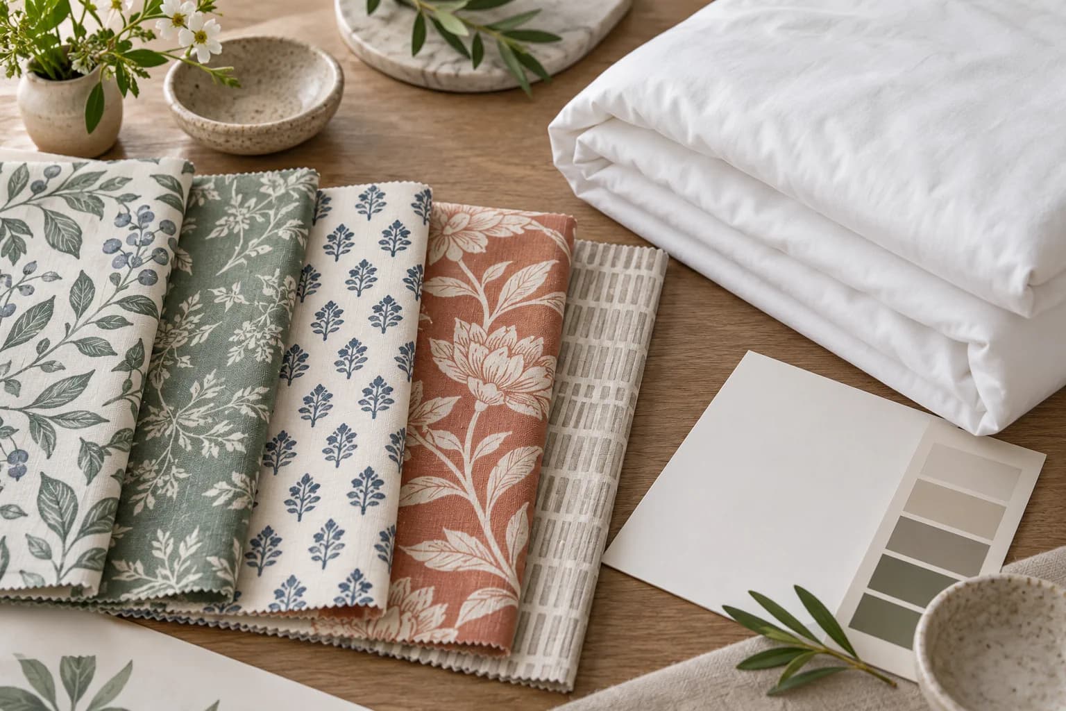 Unbranded patterned cotton swatches beside a folded white bedding sample and blank colour-selection materials on a design table.