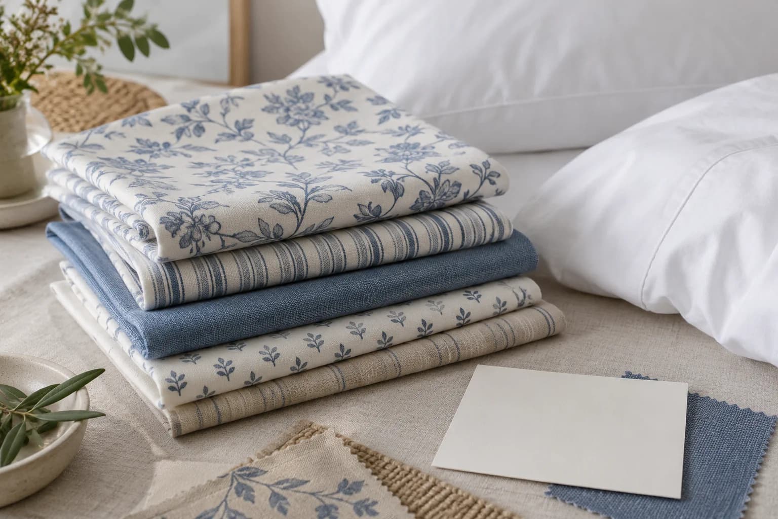 Several unbranded printed cotton swatches and a blank sample card arranged for side-by-side strike-off review.