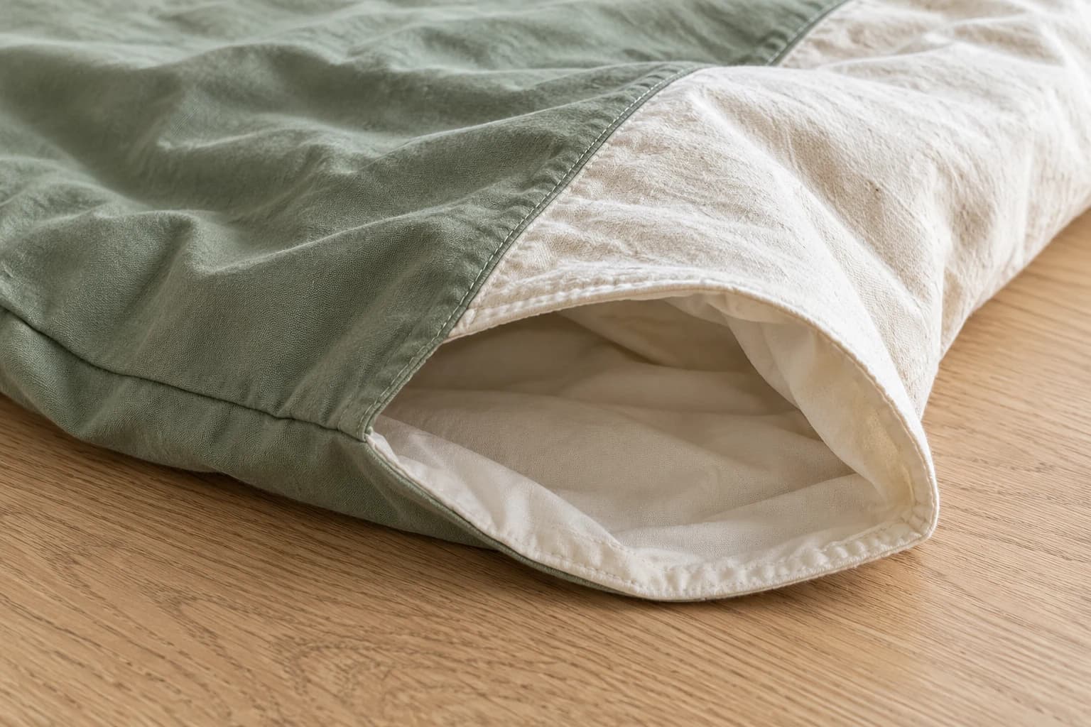 A sage duvet-cover panel joined to a cream textured reverse, with the open edge showing the cavity for an insert.