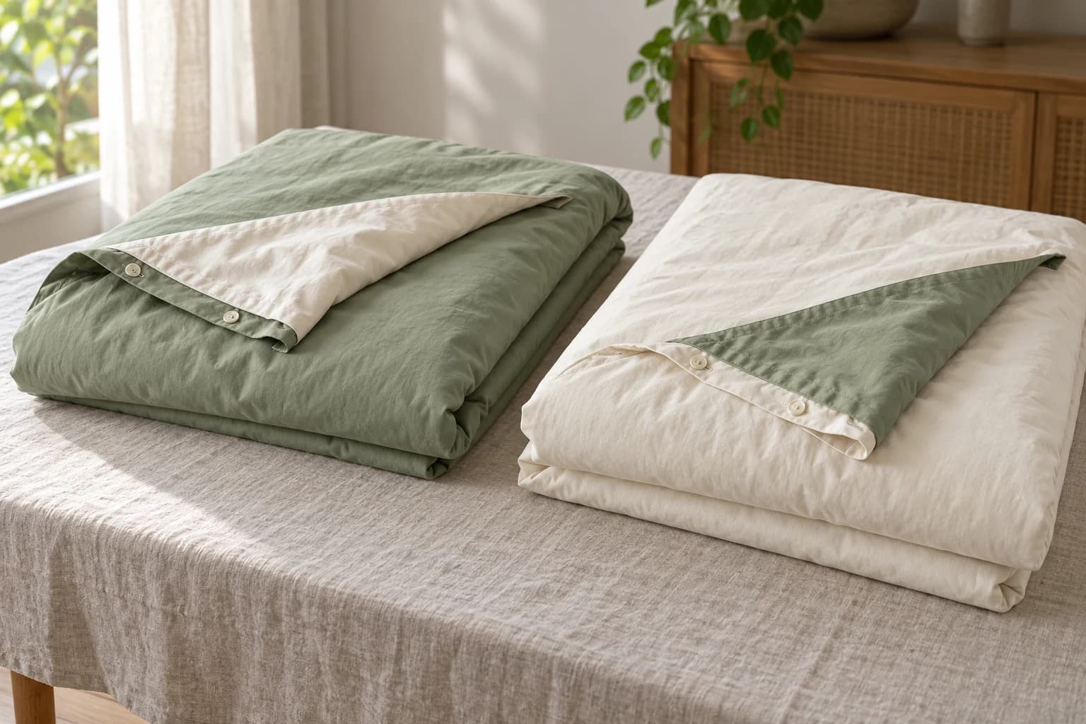 Two sage-and-ivory duvet covers laid in opposite display orientations with an unbranded closure visible.