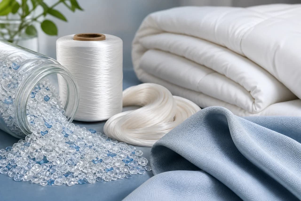 Clear recycled PET flakes, white polyester yarn and folded pale-blue bedding fabric arranged as a clean material study on a cool studio surface.
