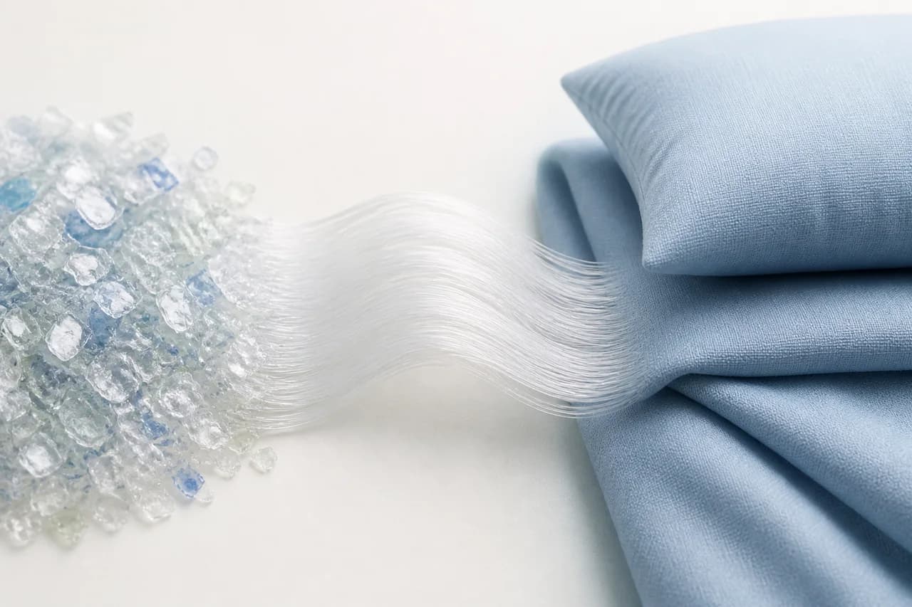 Clear recycled PET flakes flow into transparent polyester filaments and a folded pale-blue woven bedding fabric in a text-free illustrative material study.