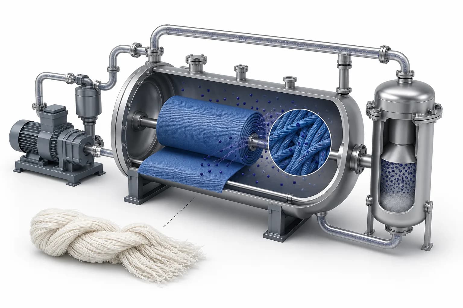 A cutaway illustration of a high-pressure textile dyeing vessel holding a roll of blue synthetic fabric, linked to a compressor and recovery separator; a separate white cellulose fibre bundle sits outside the system.