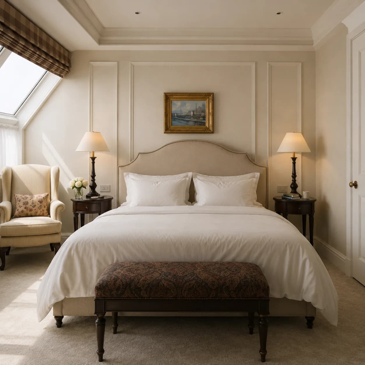 Formal bed dressed with a box-pleat bed skirt