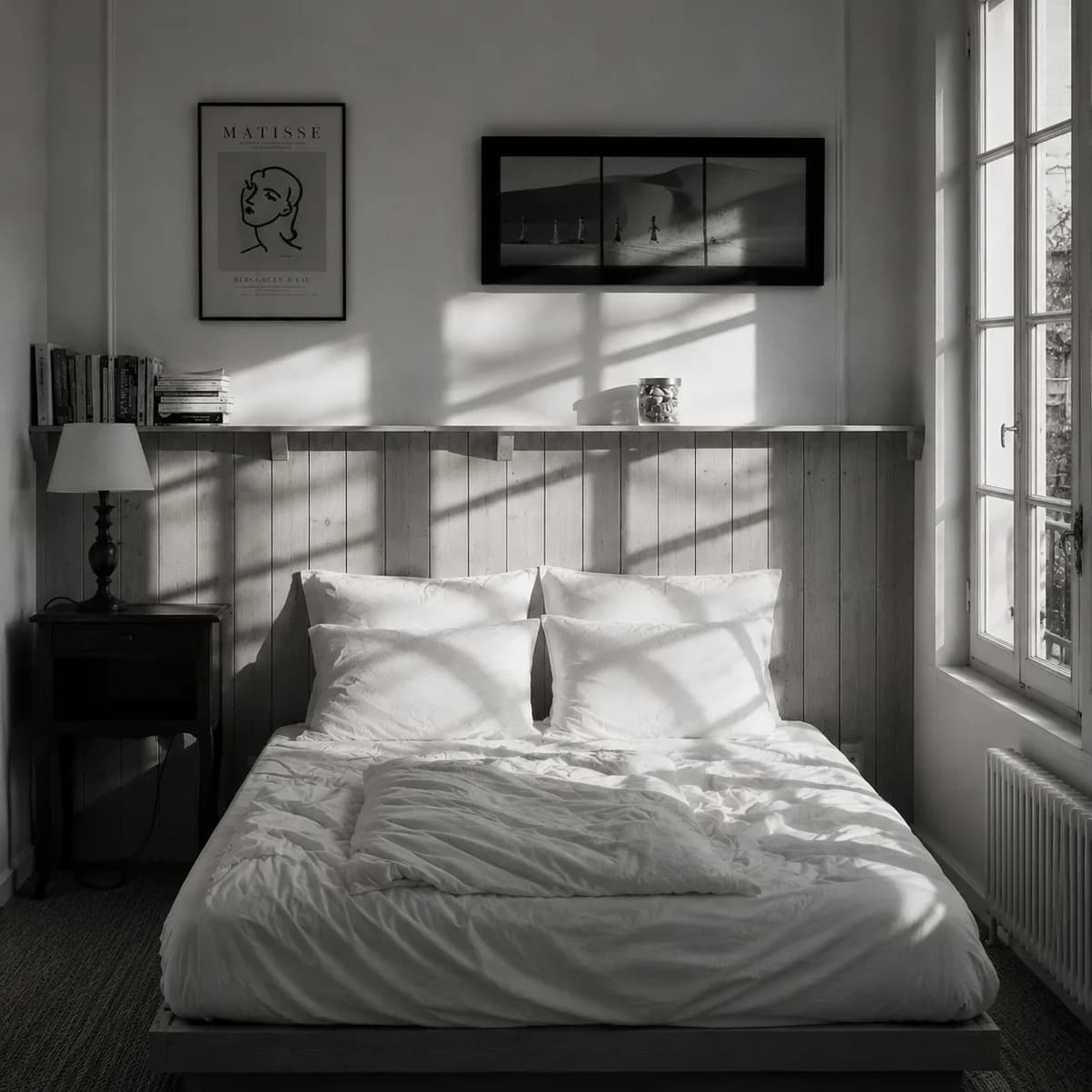 A neatly dressed bed with a white duvet draping on both sides